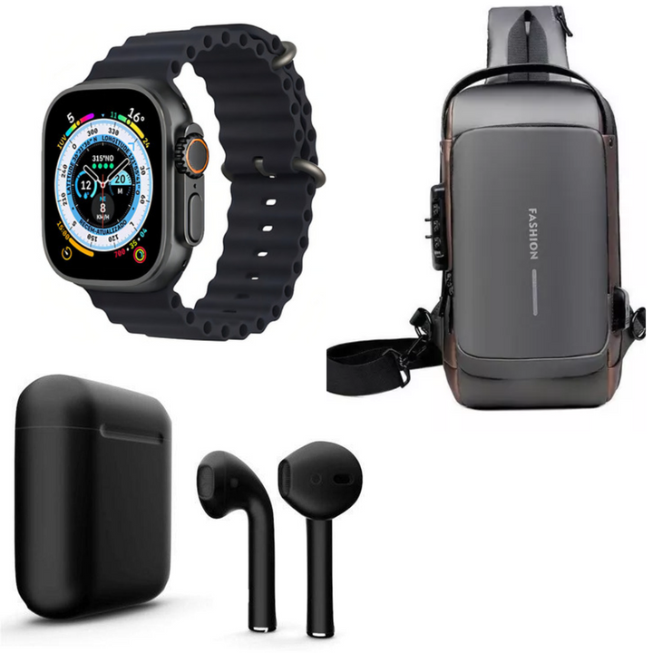 "El combo perfecto para tu día a día: Seguridad, Tecnología y Conectividad con Bolsa Segura, Reloj Inteligente y Auricular Bluetooth."