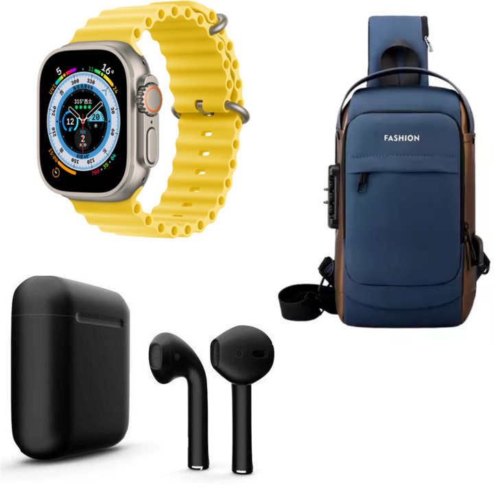"El combo perfecto para tu día a día: Seguridad, Tecnología y Conectividad con Bolsa Segura, Reloj Inteligente y Auricular Bluetooth."