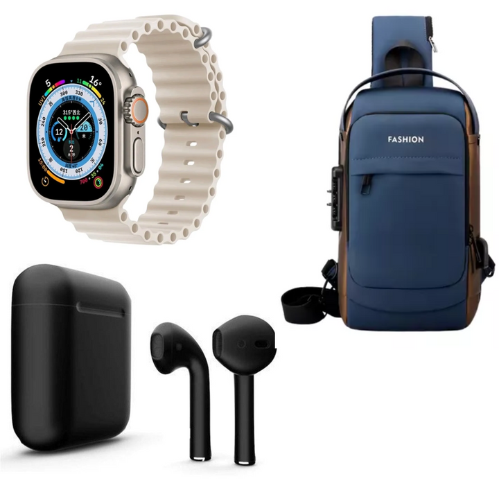 "El combo perfecto para tu día a día: Seguridad, Tecnología y Conectividad con Bolsa Segura, Reloj Inteligente y Auricular Bluetooth."