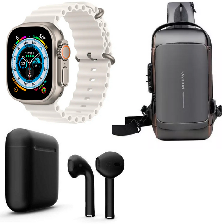 "El combo perfecto para tu día a día: Seguridad, Tecnología y Conectividad con Bolsa Segura, Reloj Inteligente y Auricular Bluetooth."