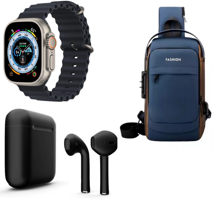 "El combo perfecto para tu día a día: Seguridad, Tecnología y Conectividad con Bolsa Segura, Reloj Inteligente y Auricular Bluetooth."