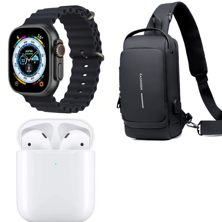 "El combo perfecto para tu día a día: Seguridad, Tecnología y Conectividad con Bolsa Segura, Reloj Inteligente y Auricular Bluetooth."