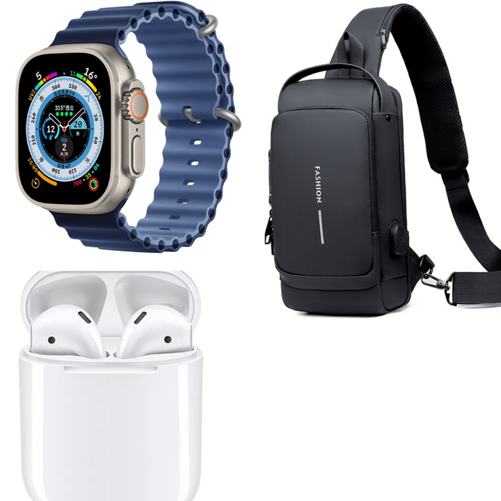 "El combo perfecto para tu día a día: Seguridad, Tecnología y Conectividad con Bolsa Segura, Reloj Inteligente y Auricular Bluetooth."