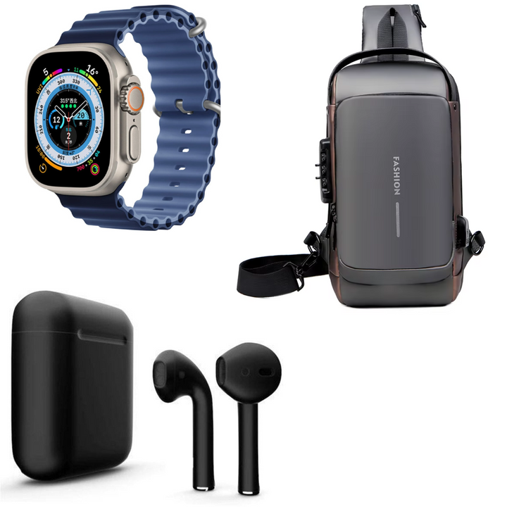 "El combo perfecto para tu día a día: Seguridad, Tecnología y Conectividad con Bolsa Segura, Reloj Inteligente y Auricular Bluetooth."