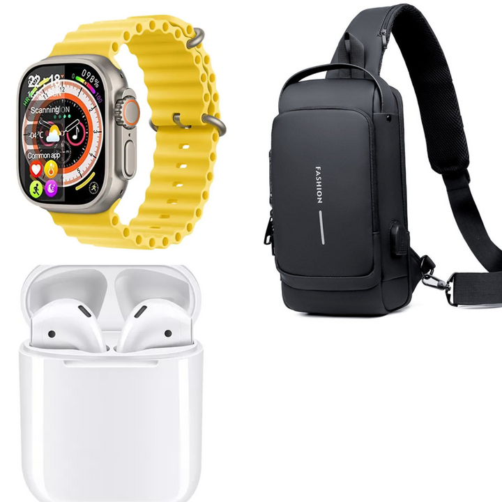 "El combo perfecto para tu día a día: Seguridad, Tecnología y Conectividad con Bolsa Segura, Reloj Inteligente y Auricular Bluetooth."