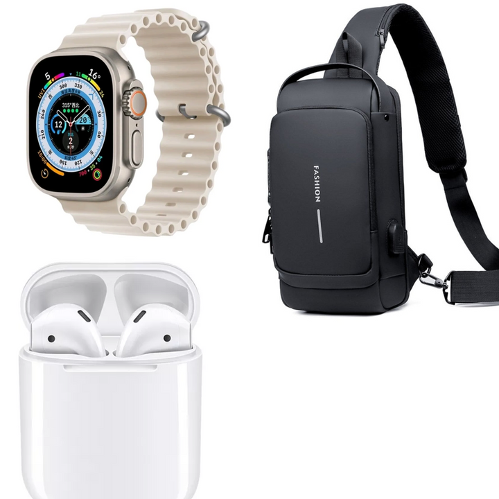 "El combo perfecto para tu día a día: Seguridad, Tecnología y Conectividad con Bolsa Segura, Reloj Inteligente y Auricular Bluetooth."