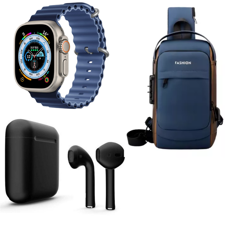 "El combo perfecto para tu día a día: Seguridad, Tecnología y Conectividad con Bolsa Segura, Reloj Inteligente y Auricular Bluetooth."