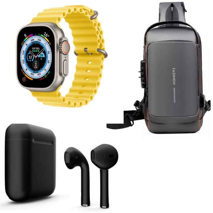 "El combo perfecto para tu día a día: Seguridad, Tecnología y Conectividad con Bolsa Segura, Reloj Inteligente y Auricular Bluetooth."
